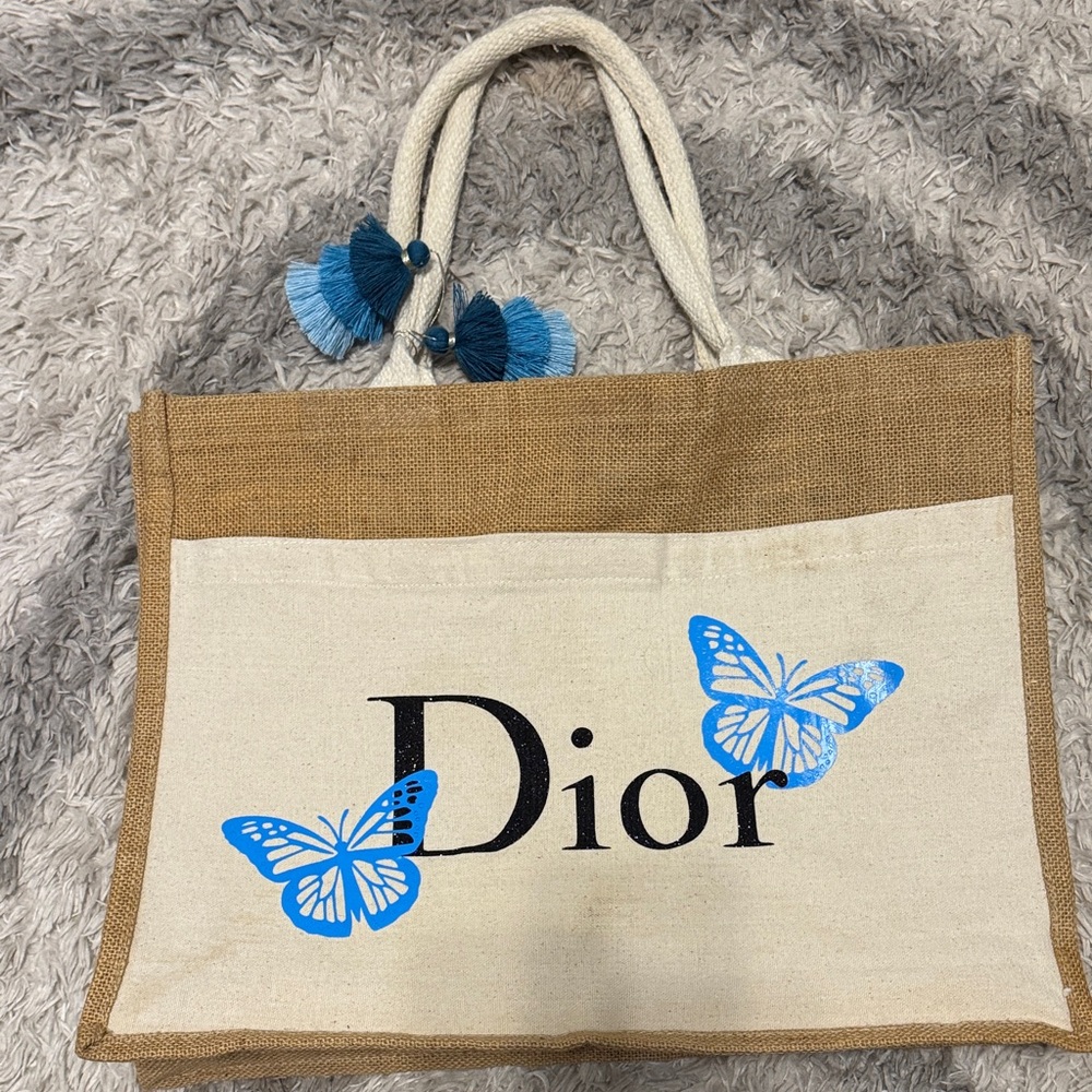 Tan and Cream Tote with Blue Butterflies for Beach Traveling or Shopping